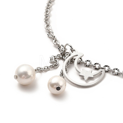 CCB Pearl & 304 Stainless Steel Charm Anklet for Women AJEW-C021-22P-1