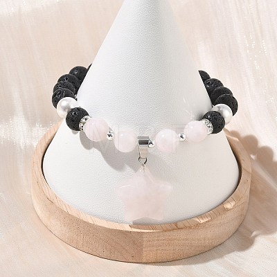 Natural Madagascar Rose Quartz & Lava Rock & Shell Pearl Charm Bracelets BJEW-JB13707-01-1