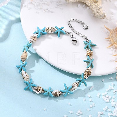 Ocean Natural Shell & Dyed Synthetic Turquoise Starfish Beaded Anklets for Women AJEW-AN00829-1