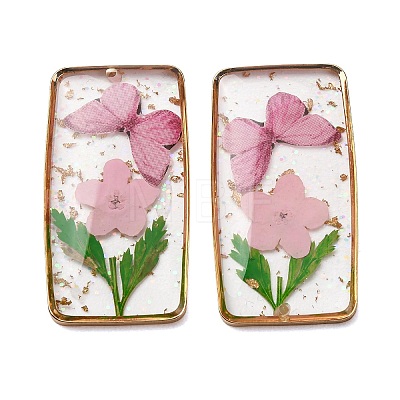 Brass & Transparent Epoxy Resin & Dried Flower Pendants RESI-G133-01G-03-1