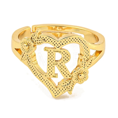 Heart with Letter & Flower Rack Plating Brass Adjustable Rings for Women RJEW-I105-05G-R-1