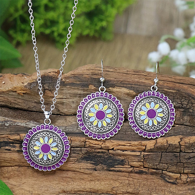 Flower Alloy Enamel Pendant Necklaces & Dangle Earrings Sets WG8932C-01-1