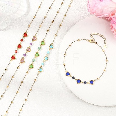 Round Natural Mixed Stone & Stainless Steel Glass Heart Link Anklets for Women AJEW-AN00804-1