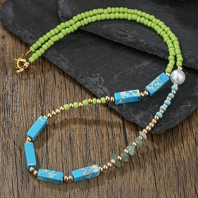 Bohemian Cuboid Dyed Natural Imperial Jasper & Synthetic Turquoise & Imitation Pearl & Glass Seed Beaded Necklaces TE0574-1-1