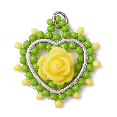 Glass Seed Beaded Heart with Rose Pendants PALLOY-MZ01030-02-1