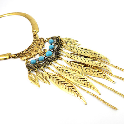 Bohemian Alloy Resin Leaf Tassel Pendant Choker Necklaces for Women WG038CD-01-1