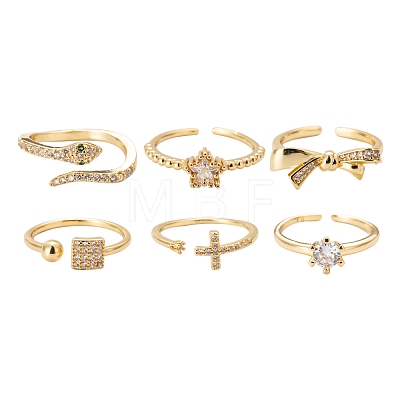 6Pcs 6 Style Adjustable Brass Micro Pave Clear Cubic Zirconia Cuff Rings RJEW-LS0001-09G-1