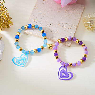 Glass Resin Magnetic Heart Friendship Stretch Bead Bracelet Sets for Women WG24CEB-01-1