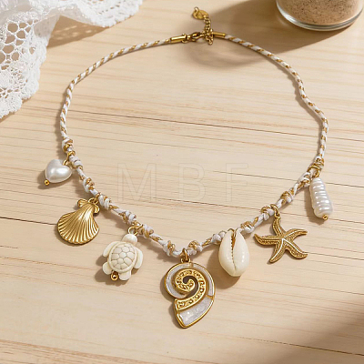 Summer Ocean 304 Stainless Steel & Natural Sea Shell Starfish Turtle Multi Pendant Bib Necklaces for Women YW3653-1