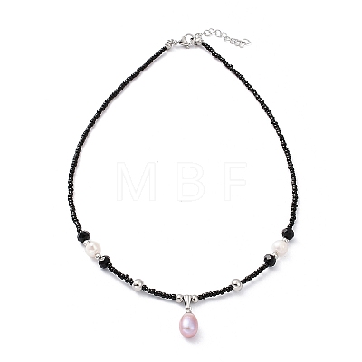Natural Pearl Pendant Necklace with Glass Beaded Chains NJEW-M201-01B-1