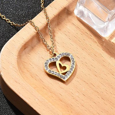 304 Stainless Steel Crystal Rhinestone Heart Pendant Cable Chain Necklaces for Women NJEW-Z056-01C-G-1