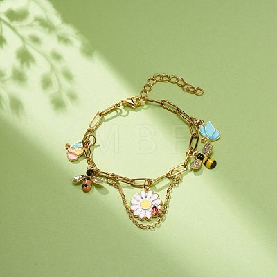Alloy Enamel Flower & Bee & Butterfly Charm Bracelet with Paperclip Chains BJEW-JB08702-1