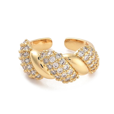 Twist Brass Micro Pave Clear Cubic Zirconia Open Cuff Ring for Women RJEW-C102-04G-1