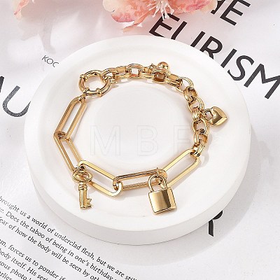 304 Stainless Steel Paperclip & Rolo Chains Charm Bracelets for Women BJEW-C089-03G-1