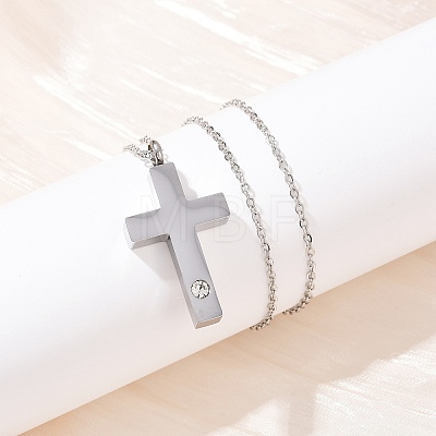 304 Stainless Steel Pave Clear Cubic Zirconia Cross Pendant Pet Urn Ashes Necklaces NJEW-S455-07P-1