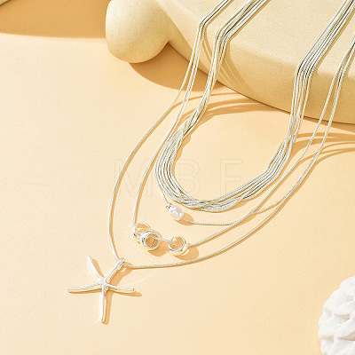 Summer Beach Plastic Pearl and CCB Plastic Bead & Alloy Starfish Pendant Multi Layered Necklaces for Women WG66952-01-1