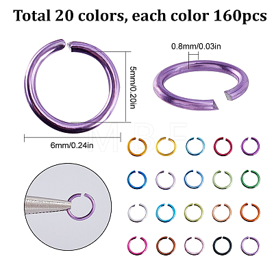 SUNNYCLUE 3200Pcs 20 Colors Aluminum Wire Open Jump Rings ALUM-SC0001-08-1