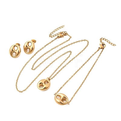 304 Stainless Steel Oval Pendant Necklaces & Bracelets & Stud Earrings Sets SJEW-P008-02G-1