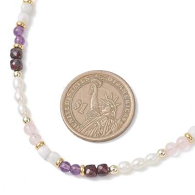 Synthetic Non-magnetic Hematite & Natural Rainbow Moonstone & Garnet & Amethyst Round Cube and Natural Pearl Rice Beaded Necklaces NJEW-JN05868-02-1
