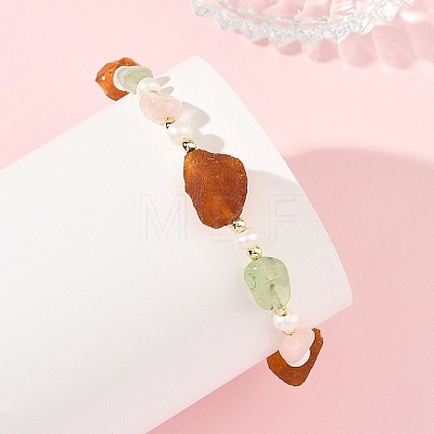 Raw Natural Amber & Rose Quartz Nuggets & Cultured Freshwater Pearl Beaded Bracelets BJEW-JB14288-1