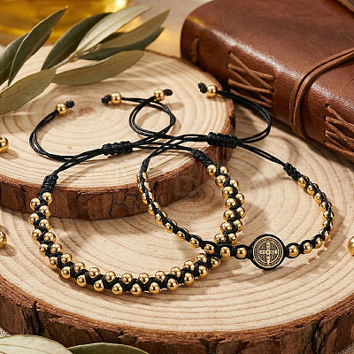 2Pcs 2 Styles Brass Round Beads Braided Bead Bracelets DX6223-3-1