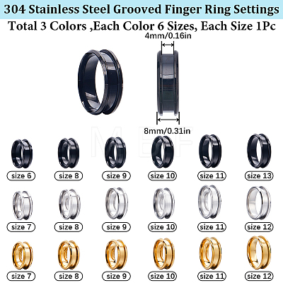 18Pcs 18 Styles 201 Stainless Steel Grooved Finger Ring Settings RJEW-SC0001-41-1