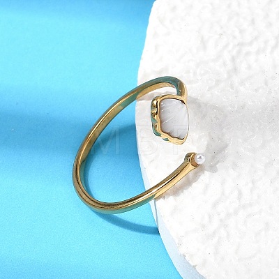 304 Stainless Steel & Natural Shell & Imitation Pearl Cuff Rings for Women RJEW-G372-01G-07-1