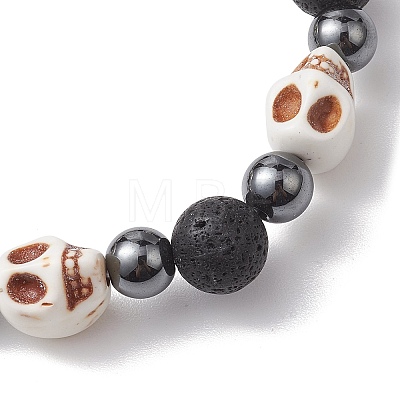 2Pcs Halloween Skull Synthetic Turquoise & Round Lava Rock & Synthetic Non-Magnetic Hematite Beaded Stretch Bracelet Sets for Women BJEW-JB10656-1