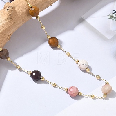 Natural Crazy Agate Faceted Flat Round Beaded Chain Necklaces with Matte Brass Beads GG-CBA37F5-01G-09-1