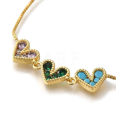 Rack Plating Brass Micro Pave Colorful Cubic Zirconia Box Chain Heart Link Slider Bracelets BJEW-H614-01G-01-1