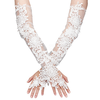 Flower Pattern Polyester Lace Cuff Mesh Long Fingerless Gloves AJEW-WH0455-019-1