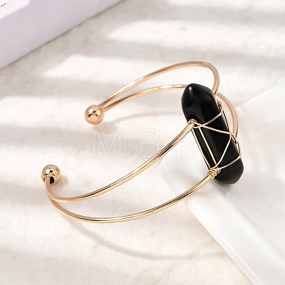 Brass Wire Wrapped Natural Obsidian Hexagon Point Cuff Bangles for Women BJEW-L719-01G-04-1