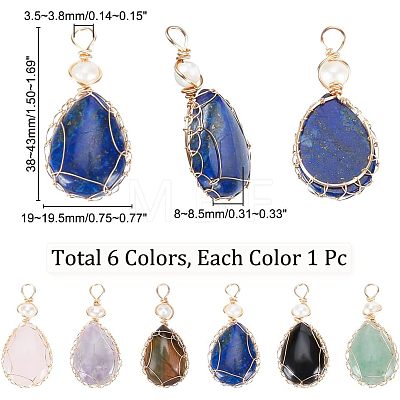  6Pcs 6 Styles Natural Gemstone Copper Wire Wrapped Pendants G-NB0003-75-1