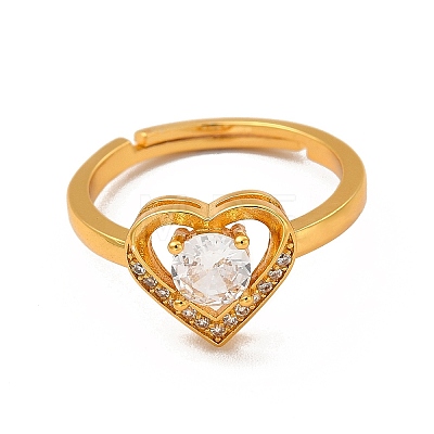 Clear Cubic Zirconia Heart Adjustable Ring RJEW-C048-07G-1