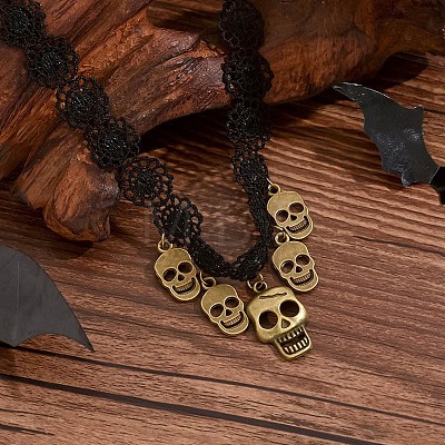 Halloween Gothic Alloy Skull Tassel Black Polyester Flower Lace Choker Necklaces for Women FS-WGBADFE-01-1