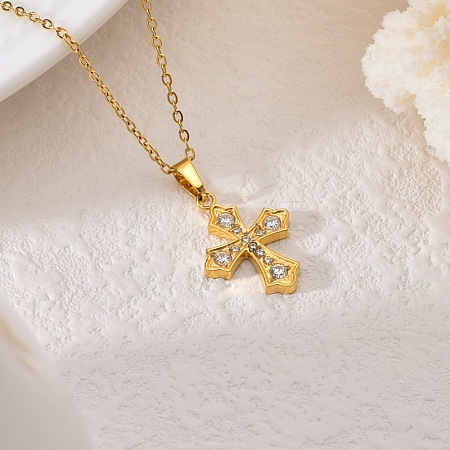 304 Stainless Steel Micro Pave Clear Cubic Zirconia Religion Cross Pendant Necklaces for Women WG29A99-01-1