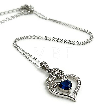 Rhodium Plated 925 Sterling Silver Pave Cubic Zirconia Rose Heart Birthstone Pendant Cable Chain Necklaces NJEW-H012-66A-1