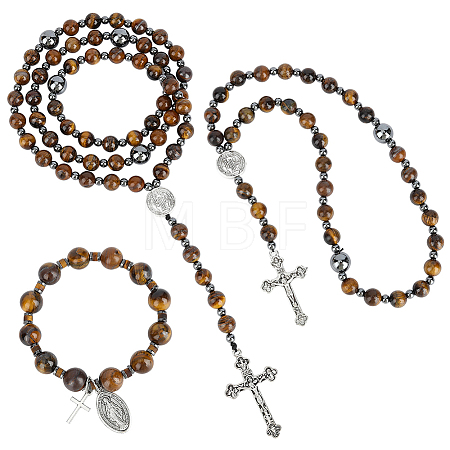 3Pcs Synthetic Hematite & Natural Tiger Eye Bracelets & Necklaces Sets SJEW-UN00006-1