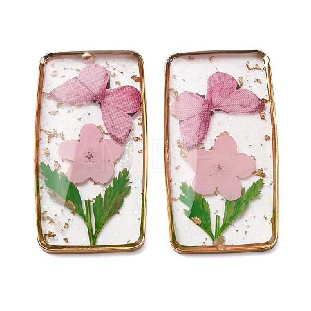 Brass & Transparent Epoxy Resin & Dried Flower Pendants RESI-G133-01G-03-1