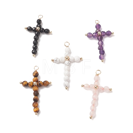 Natural Mixed Stone Faceted Round Copper Wire Wrapped Pendants X-PALLOY-JF02011-1