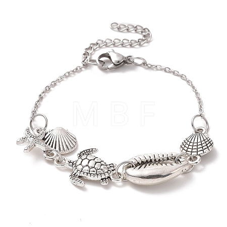 Shell & Starfish & Turtle Alloy Charm Bracelet for Women BJEW-JB09354-1