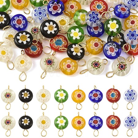 40Pcs 8 Styles Handmade Millefiori Lampwork Flat Round Connector Charms PALLOY-YW00210-1