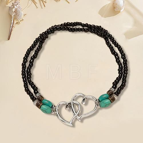 Glass Seed Beads & Alloy Heart Link Anklets WGBE152-02-1