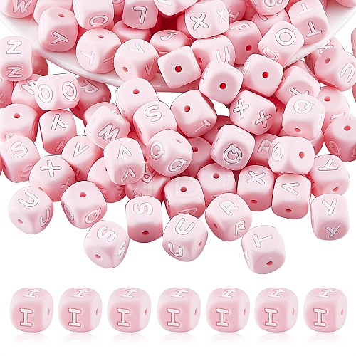 20Pcs Pink Cube Letter Silicone Beads 12x12x12mm Square Dice Alphabet Beads with 2mm Hole Spacer Loose Letter Beads for Bracelet Necklace Jewelry Making JX435I-1