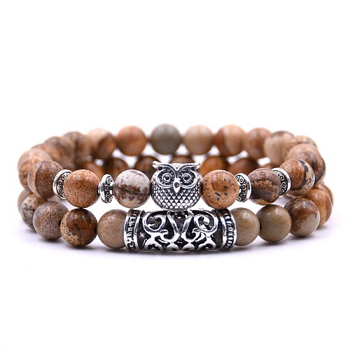 Natural Picture Jasper Stretch Bracelets Set with Alloy Owl Beaded ANIM-PW0003-027Q-1