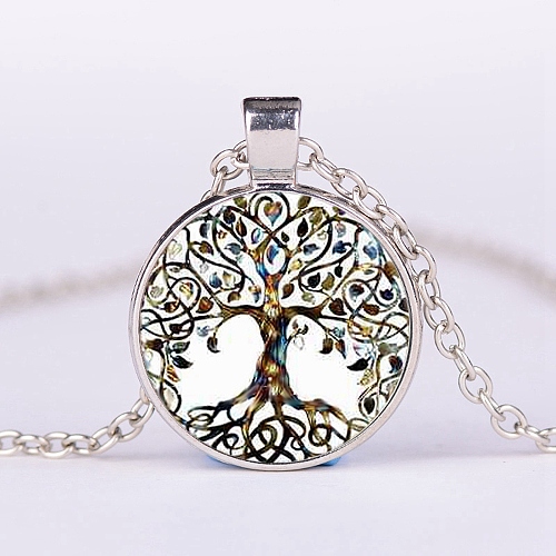 Tree of Life Glass Pendant Necklace with Alloy Cable Chains PW-WG15881-02-1