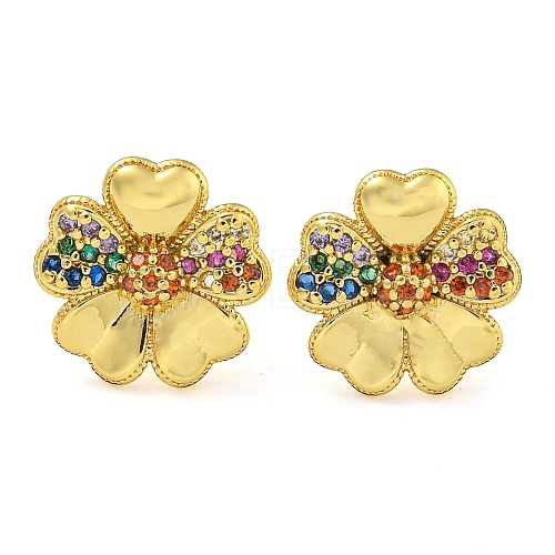 Rack Plating Brass Micro Pave Clear Cubic Zirconia Flower Stud Earrings EJEW-T021-01G-02-1