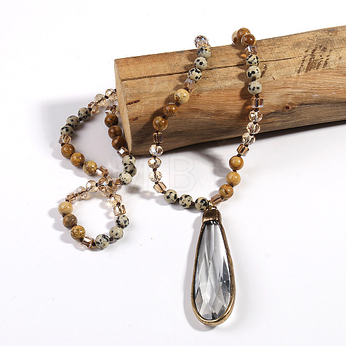 Bohemian Style Teardrop Glass Pendant Natural Dalmatian Jasper & Picture Jasper Round Beaded Long Necklaces for Women FS-WG767EC-03-1