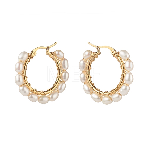 Natural Pearl Beads Brass Hoop Earrings EJEW-JE04565-01-1