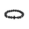 Natural Lava Rock Round & Black Stone Cross Beaded Stretch Bracelets AL9928-3-1